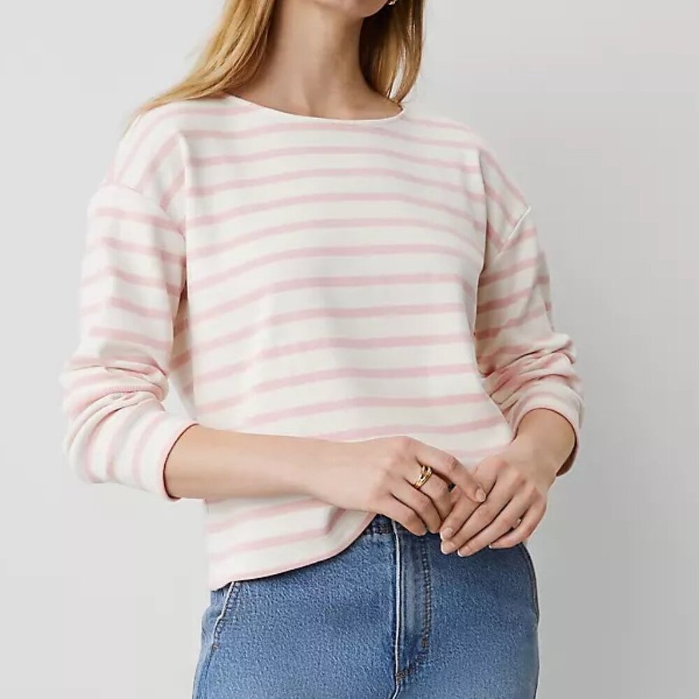 Ann Taylor Weekend Collection Stripe Relaxed Long Sleeve Top Blush Pink XSP NWT